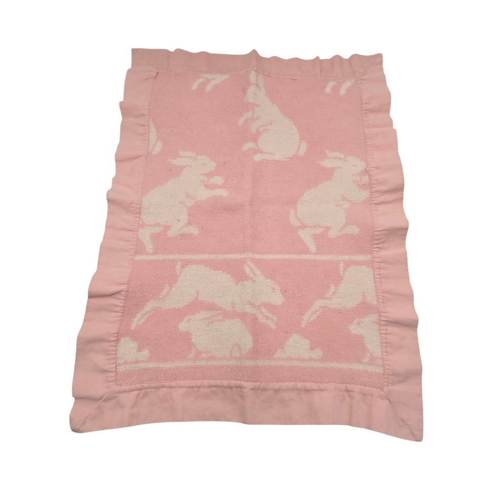 Vintage Pink Bunny Rabbit Baby Blanket Ruffle cloth Trim Jacquard Knit 14x20